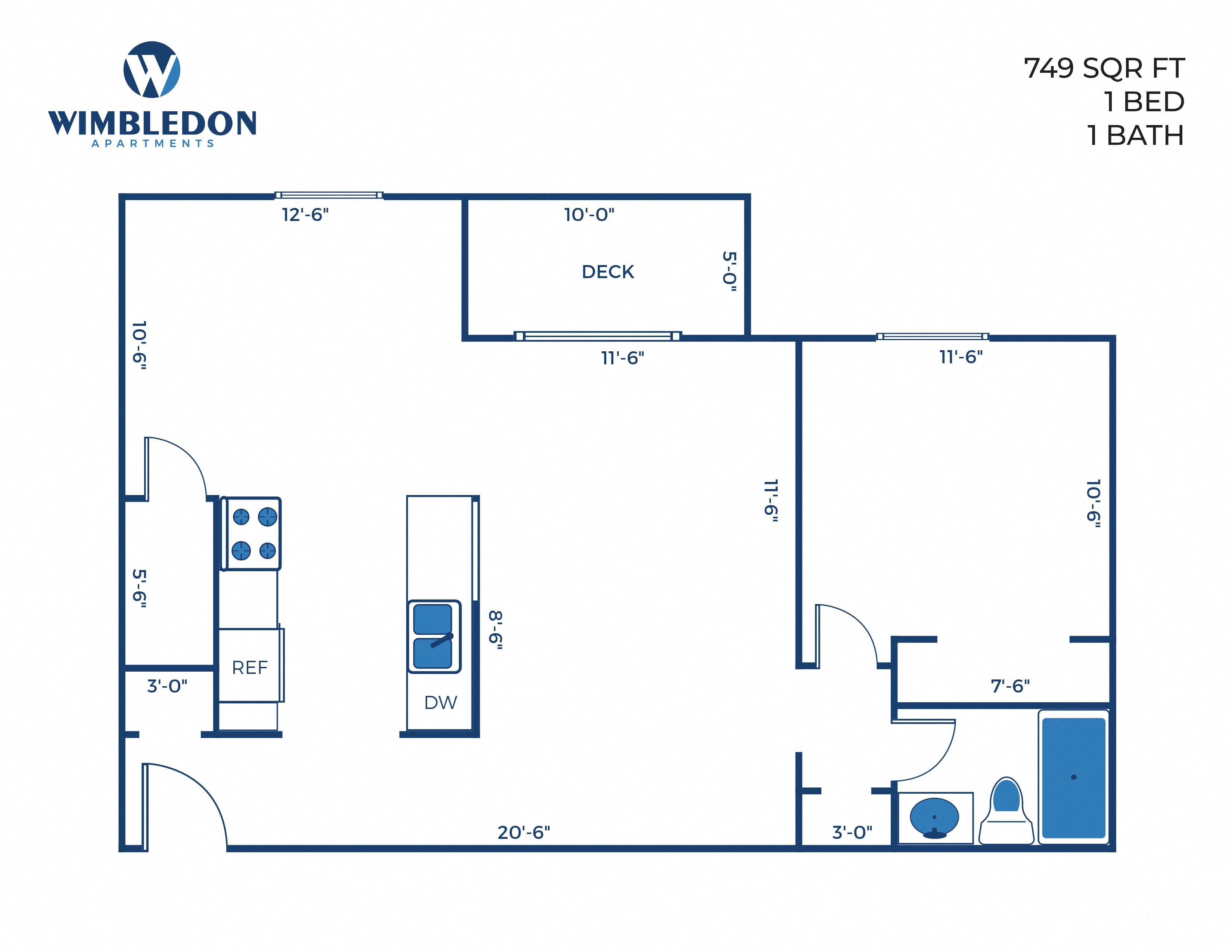 Floor plan for 1 bed, 1 bath, 749 sqft